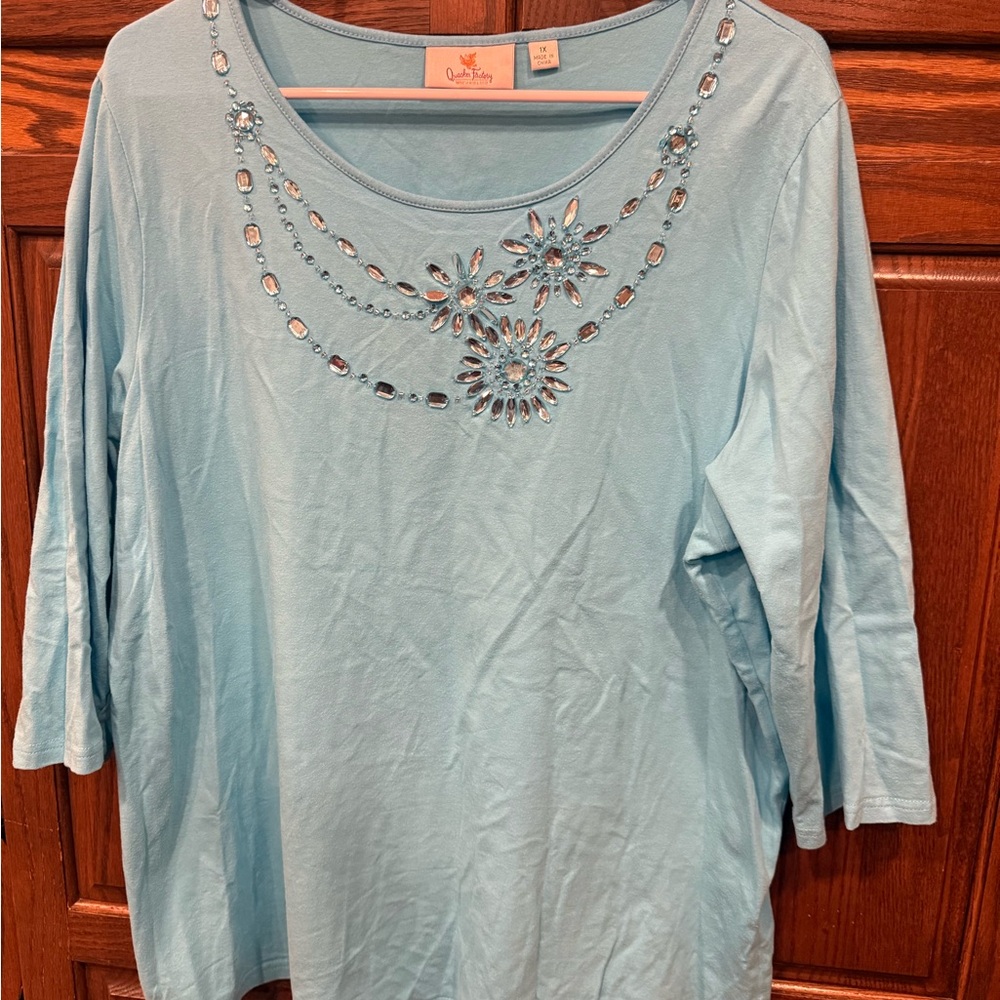 Quacker Factory Top Blouse 1X Embellished Teal 3/4 Sleeve Casual Career Office